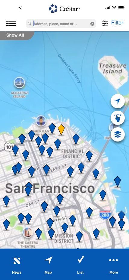 CoStar mobile map — blue interface